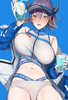  1girl absurdres animal_ears arknights arm_up bikini black_horns blue_jacket blush breasts clothes_writing commentary cowboy_shot crossed_bangs drink drinking_straw embarrassed hair_between_eyes highres holding holding_drink horns jacket large_breasts looking_at_viewer navel official_alternate_costume open_mouth purple_hair r_oot short_hair sideroca_(arknights) sideroca_(light_breeze)_(arknights) solo sweatdrop swimsuit two-sided_fabric two-sided_jacket visor_cap white_bikini white_jacket yellow_eyes 