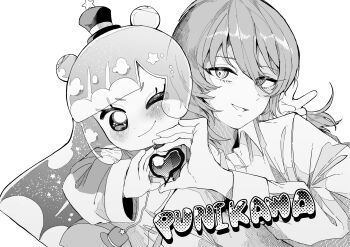  2girls absurdres closed_mouth commentary_request crossover double_bun downer_onee-san_(downer_onee-san_wa_asobitai) downer_onee-san_wa_asobitai greyscale hair_bun hat heart heart_hands heart_hands_duo highres jacket kagayaminami_pp long_hair looking_at_viewer mini_hat mini_top_hat monochrome monster_girl multiple_girls one_eye_closed open_mouth puniru_(puniru_wa_kawaii_slime) puniru_wa_kawaii_slime ringed_eyes shirt slime_girl smile top_hat upper_body v white_background 