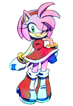  1girl ;) absurdres amy_rose artist_name benshir125 boots bracelet breasts closed_mouth dress eyelashes full_body furrowed_brow gloves green_eyes hairband hedgehog_girl highres jewelry large_breasts looking_at_viewer one_eye_closed pink_fur pink_hair red_boots red_dress red_hairband short_hair signature smile solo sonic_(series) standing tail white_background white_gloves 