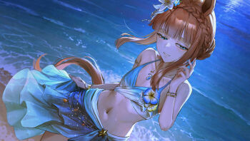  1girl animal_ears bangle beach bikini blue_bikini blue_eyes blue_sarong blunt_bangs bracelet braid breasts brown_hair collarbone highres horse_ears horse_girl horse_tail jewelry long_hair long_sidelocks ocean official_alternate_costume official_alternate_hairstyle parted_lips sarong seikatsu sidelocks silence_suzuka_(emerald_on_the_waves)_(umamusume) silence_suzuka_(umamusume) small_breasts smile solo star_ornament swimsuit tail umamusume water waves 