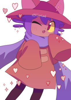  1other ;3 androgynous animal_hat brown_coat brown_eyes brown_hat cat_hat child coat colored_sclera dot_nose fang feet_out_of_frame hands_up hat heart highres ja6m6 long_sleeves looking_at_viewer medium_hair niko_(oneshot) one_eye_closed oneshot_(game) other_focus parted_lips purple_hair purple_scarf scarf simple_background sleeves_past_fingers sleeves_past_wrists solo twitter_username white_background yellow_sclera 