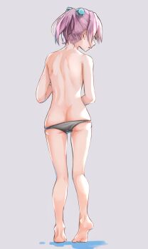 1girl ass butt_crack commentary eyes_visible_through_hair female_focus full_body grey_background grey_panties highres kabayaki_namazu kantai_collection panties ponytail profile purple_hair shiranui_(kancolle) short_hair simple_background solo standing topless_female underwear underwear_only rating:Questionable score:68 user:danbooru
