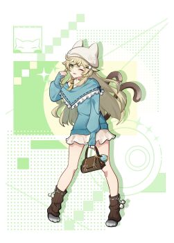  1girl absurdres alternate_costume animal_ears animal_hat bag blonde_hair boots brown_hair cat_ears cat_hat cat_tail chinese_commentary commentary_request full_body genshin_impact green_eyes green_hair handbag hat highres holding kirara_(genshin_impact) laili_buluofen long_hair long_sleeves looking_at_viewer multicolored_hair nekomata one_eye_closed skirt solo streaked_hair sweater tail tongue tongue_out white_skirt 