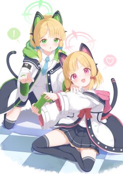 ! 2girls absurdres animal_ear_headphones animal_ears black_shorts black_skirt black_thighhighs blonde_hair blue_archive blue_bow blue_necktie bow cat_ear_headphones cat_ears cat_tail checkered_floor collared_shirt commentary controller fake_animal_ears fake_tail game_controller green_eyes green_halo hair_bow halo headphones heart hello-ghiblisan highres holding holding_controller holding_game_controller indian_style jacket kneeling long_sleeves looking_at_viewer midori_(blue_archive) miniskirt momoi_(blue_archive) multiple_girls necktie open_mouth pink_eyes pink_halo pleated_skirt red_bow shirt short_hair short_necktie short_shorts shorts siblings sisters sitting skirt speech_bubble spoken_exclamation_mark spoken_heart tail thighhighs thought_bubble twins white_jacket white_shirt 