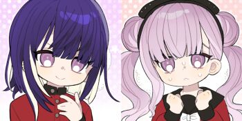  1boy 1girl :< absurdres black_hairband black_sailor_collar bow bowtie brother_and_sister buttons chinese_commentary clenched_hands closed_mouth colored_inner_hair commentary_request double_bun earclip hair_bun hairband hand_up hands_up highres jacket long_hair long_sleeves medium_hair multicolored_hair pink_eyes pink_hair pnjiy4146271096 purple_hair red_jacket red_shirt sailor_collar sailor_shirt shirt siblings single_sidelock smile sweat the_hundred_line_-last_defense_academy- tsukumo_ima tsukumo_kako twins twintails two-tone_hair white_bow white_bowtie white_hair 