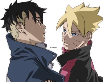  2boys adoptive_siblings black_hair black_jacket blonde_hair blue_eyes boruto:_naruto_next_generations brothers commentary_request eyebrow_piercing face_piercing frown highres jacket kawaki_(boruto) male_focus multicolored_hair multiple_boys naruto_(series) piercing siblings spanish_commentary torn_clothes torn_sleeves twitter_username two-tone_hair undercut uzumaki_boruto yokigeru 