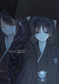  1boy 1girl black_eyes black_hair black_haori black_kimono black_sleeves black_umbrella blunt_bangs blunt_ends braid choppy_bangs closed_eyes closed_mouth dress electro_symbol_(genshin_impact) eucalypink expressionless eyelashes eyeliner eyeshadow facing_viewer funeral_dress funeral_kimono genshin_impact hair_intakes hair_over_shoulder hair_tie haori haori_himo highres japanese_clothes kimono layered_kimono long_hair long_sleeves looking_to_the_side low-braided_long_hair low-tied_long_hair makeup mitsudomoe_(shape) mother_and_son obi obiage obijime pale_skin raiden_shogun rain red_eyeliner red_eyeshadow sash scaramouche_(genshin_impact) tomoe_(symbol) tsurime umbrella white_kimono 