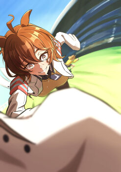  2girls absurdres agnes_tachyon_(tach-nology)_(umamusume) agnes_tachyon_(umamusume) ahoge animal_ears black_necktie black_pantyhose breasts brown_hair coat commentary hair_between_eyes highres horse_ears horse_girl horse_tail jacket jungle_pocket_(champion's_battle_cry)_(umamusume) jungle_pocket_(umamusume) lab_coat long_sleeves medium_hair multiple_girls necktie open_mouth pantyhose red_eyes running shikata_haruki shirt short_necktie skirt sleeves_past_fingers sleeves_past_wrists smile solo_focus sweater sweater_vest tail teeth umamusume white_coat wolf_cut yellow_jacket yellow_sweater yellow_sweater_vest 