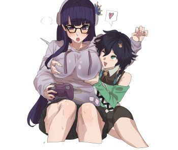  absurdres bonemanjake braid breasts commentary controller game_controller genshin_impact glasses grabbing_another's_breast groping hair_ornament headphones heart highres hood hoodie large_breasts long_hair open_mouth purple_eyes purple_hair raiden_shogun raiden_shogun_(2nd_anniversary) spoken_heart surprised trap venti_(2nd_anniversary)_(genshin_impact) venti_(genshin_impact) white_background 