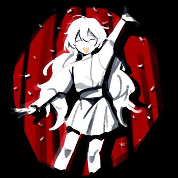 1girl ^_^ arm_up charlotte_wiltshire_(q84) closed_eyes collared_shirt colored_skin commentary confetti curtains dress_shirt grin hair_between_eyes hello_charlotte highres long_hair low_twintails messy_hair nabob shirt skirt smile solo sparkle sparkling_aura spotlight stage_curtains twintails white_hair white_shirt white_skin white_skirt 