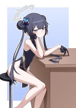  1girl absurdres bare_hips bare_legs bare_shoulders black_gloves black_hair blue_archive blue_background border butterfly_hair_ornament china_dress chinese_clothes chobeog commentary_request covered_navel double_bun dragon_print dress elbows_on_table feet_out_of_frame from_side gloves grey_eyes grey_halo hair_bun hair_ornament half_gloves halo head_rest highres kisaki_(blue_archive) long_hair looking_at_viewer looking_to_the_side no_panties on_stool outside_border pelvic_curtain print_dress side_slit sitting sleeveless sleeveless_dress solo stool table twintails white_border 