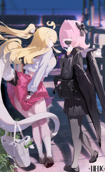  2girls absurdres ahoge artist_name ass bag black_bow black_pantyhose black_serafuku black_shoes black_skirt black_wings blonde_hair bow breasts brown_shoes chalky_(zenless_zone_zero) chinese_commentary cissia_(zenless_zone_zero) clothes_lift commentary_request hair_bow helic_(7317helic) highres holding holding_bag holding_with_tail large_breasts long_hair looking_at_viewer mask mouth_mask multiple_girls outdoors pantyhose pink_hair pink_shirt prehensile_tail purple_eyes ramiel_(zenless_zone_zero) red_eyes school_uniform serafuku shirt shoes skirt skirt_lift snake snake_girl snake_tail socks tail very_long_hair white_serafuku white_socks wind wind_lift wings zenless_zone_zero 