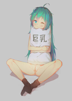  1girl absurdres ahoge anus bottomless cleft_of_venus female_focus green_eyes green_hair grey_background hatsune_miku head_tilt highres hugging_object kilo_(2466414482) loli long_hair looking_at_viewer one_eye_closed pillow pillow_hug pussy simple_background sitting smile socks solo uncensored vocaloid  rating:Explicit score:190 user:danbooru