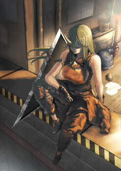  1girl absurdres ankle_boots arknights armor bare_shoulders black_boots black_gloves black_pants black_shirt boots commentary full_body gloves green_eyes green_hair hair_between_eyes highres horns hoshiguma_(arknights) knee_pads lens_flare long_hair looking_down momoken2004_(inb6k7) pants shirt single_horn sitting sketch_background skin-covered_horns sleeveless sleeveless_shirt solo 