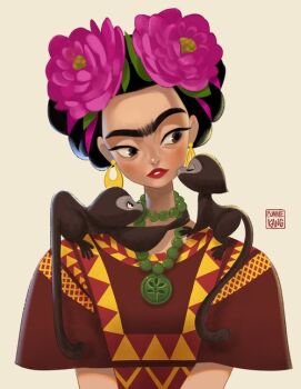  bad_tag black_hair brown_eyes connie_kang flower frida_kahlo hair_flower hair_ornament jewelry kiss kissing_cheek lipstick makeup mexican_dress monkey multiple_style_parody necklace original parody portrait style_parody unibrow 