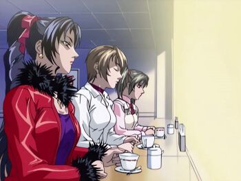 00s 2002 3girls animated animated_gif bedroom bible_black bible_black_gaiden breasts brown_hair collar cowboy cowboy_clothes cowboy_western cup drill_hair drill_ponytail earrings fur_jacket green_eyes green_hair hair_ribbon jacket jewelry kozono_nami lipstick makeup morita_rie multiple_girls necklace necktie open_clothes open_shirt pink_shirt ponytail purple_hair ribbon shido_saki shirt short_hair tagme tea twintails vest western white_shirt yellow_eyes