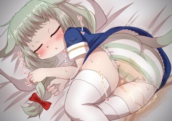  1girl absurdres ahoge animal_ears ass bed bedwetting blue_dress blush bow braid cameltoe cat_ears cat_girl cat_tail closed_eyes dress green_hair hair_bow heart highres loli long_hair lying megido72 on_bed open_mouth panties peeing peeing_self pillow puddle red_bow short_sleeves sleeping spoken_heart steam sweat tail thick_thighs thighhighs thighs tokiha_(ruinluin) trembling twin_braids underwear wet wet_clothes wet_panties white_panties white_thighhighs ziz_(megido72) 