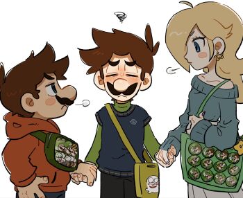  1girl 2boys alternate_costume bag bare_shoulders blonde_hair blue_shirt blush blush_stickers boo_(mario) brothers brown_hair character_pin closed_mouth collarbone commentary earrings facial_hair frown green_bag green_shirt highres holding_hands hood hood_down hoodie jewelry long_hair long_sleeves looking_at_another luigi mario mario_(series) mimimi_(mimimim9999) multiple_boys mustache nintendo off-shoulder_shirt off_shoulder pants polterpup puff_of_air purple_nails red_hoodie rosalina shirt short_hair shoulder_bag siblings skirt sleeves_past_wrists squiggle star_(symbol) star_earrings symbol-only_commentary white_background yellow_bag 