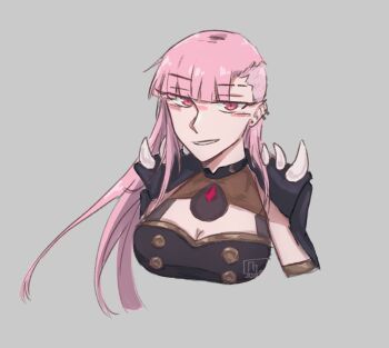  1girl alternate_hairstyle asymmetrical_hair blunt_bangs blush breasts cleavage commentary cropped_arms cropped_torso ear_piercing earrings english_commentary eyebrow_cut eyelashes grey_background highres hololive hololive_english jewelry long_hair meo_(meo_itsuma) mori_calliope mori_calliope_(1st_costume) piercing pink_hair red_eyes simple_background smile solo spikes undercut virtual_youtuber 