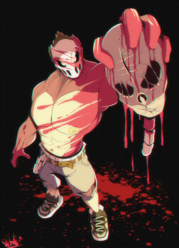  1boy absurdres bare_shoulders belt black_background black_shoes blood blood_on_arm blood_on_face blood_on_hands brown_hair highres holding male_focus mask namco rick_(splatterhouse) severed_head shoes shorts simple_background skull splatterhouse wildblur 