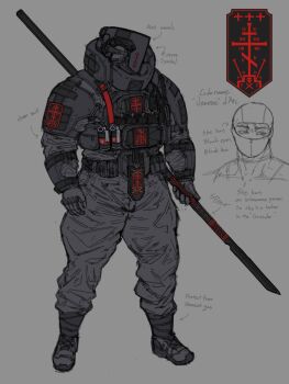  1girl armor balaclava belt boots cable cross explosive gas_mask grenade helmet highres holding holding_polearm holding_weapon magazine_(weapon) mask original orthodox_cross patch polearm ppopy124 shoulder_patch sketch soldier weapon  rating:General score:6 user:danbooru