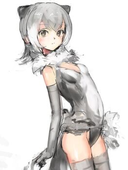  10s 1girl :| animal_ears arms_at_sides bare_shoulders blush breasts closed_mouth collar commentary covered_navel cowboy_shot elbow_gloves expressionless female_focus frilled_swimsuit frills from_side fur_collar gloves gradient_hair grey_eyes grey_gloves grey_hair grey_one-piece_swimsuit grey_thighhighs kemono_friends looking_at_viewer multicolored_hair navel one-piece_swimsuit otter_ears otter_tail ryuukeichi_andromeda sanpaku short_hair simple_background sketch small-clawed_otter_(kemono_friends) small_breasts solo swimsuit tail thighhighs thighs tsurime two-tone_hair white_background white_hair  rating:Sensitive score:4 user:danbooru