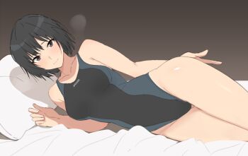  1girl amagami bed bed_sheet black_eyes black_hair black_one-piece_swimsuit blush bob_cut breasts commentary_request competition_swimsuit heavy_breathing highleg highleg_one-piece_swimsuit highres looking_at_viewer medium_breasts mobu nanasaki_ai one-piece_swimsuit pillow revision shiny_skin short_hair simple_background smile solo swimsuit two-tone_one-piece_swimsuit two-tone_swimsuit 