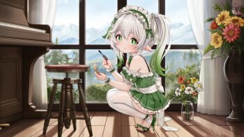 1girl absurdres alternate_costume bow bowtie closed_mouth clothing_cutout commentary comodox cross-shaped_pupils detached_collar detached_sleeves dress english_commentary flower frilled_dress frills from_side genshin_impact gradient_hair green_bow green_bowtie green_dress green_eyes green_hair green_hairband green_shoes grey_hair hairband high_heels highres hip_vent indoors instrument large_variant_set looking_at_viewer maid_headdress multicolored_hair nahida_(genshin_impact) nail_polish open-toe_shoes pantyhose piano pink_nails pointy_ears shoes short_dress side_ponytail sidelocks smile solo squatting stirrup_legwear streaked_hair symbol-shaped_pupils toeless_legwear toenail_polish toenails toes variant_set vase white_pantyhose window wooden_floor 
