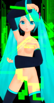  00s 1girl 3d aqua_eyes aqua_hair arm_up blush censored convenient_censoring detached_sleeves female_focus flat_chest hatsune_miku hellmenzero long_hair looking_at_viewer matching_hair/eyes navel open_mouth solo standing thighhighs twintails vocaloid 