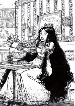  2girls burger crown dress drink eating food greyscale highres jewelry long_hair monochrome multiple_girls necklace open_mouth original princess restaurant sitting solo_focus suzuki_ken&#039;ya traditional_media very_long_hair 