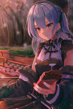  1girl absurdres bench beret black_choker black_hat black_jacket black_shirt black_skirt blue_eyes blue_hair blush breasts chocolate choker closed_mouth commentary_request double-parted_bangs earrings food hair_between_eyes hat highres holding holding_chocolate holding_food hololive hoshimachi_suisei hoshimachi_suisei_(casual) incoming_food jacket jacket_partially_removed jewelry kama_boko17 long_hair looking_at_viewer official_alternate_costume official_alternate_hairstyle on_bench orange_pantyhose outdoors pantyhose park park_bench shirt sitting skirt small_breasts smile solo star_(symbol) star_in_eye sunset symbol_in_eye virtual_youtuber 