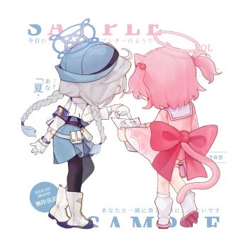  2girls ahoge animal_ears armband artist_name back_bow black_pantyhose blue_archive blue_dress blue_halo blue_hat boots bow braid braided_twintails cat_ears cat_girl cat_tail chibi chinese_commentary chinese_text chlorella_observation_club_member_(blue_archive) commentary_request cropped_jacket dress from_behind full_body gloves grey_hair hair_bobbles hair_ornament half_gloves halo hanchansiqingyun hat holding holding_paper jacket japanese_clothes kimono kirino_(blue_archive) long_sleeves loose_socks low_twintails multiple_girls pantyhose paper pink_hair pink_halo pink_kimono pink_sandals police_hat pouch purple_armband red_bow sailor_kimono sandals short_hair socks tail text_background thigh_pouch thigh_strap twin_braids twintails two_side_up watch white_background white_boots white_gloves white_jacket white_socks wide_sleeves wristwatch 