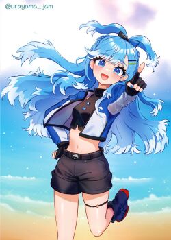  1girl :d alternate_costume artist_name beach belt black_gloves black_shirt black_shorts blue_eyes blue_hair blue_jacket blue_nails bow braid colored_tips commentary cowboy_shot crop_top cropped_jacket english_commentary fingerless_gloves gloves hair_bow hair_ornament hairclip half_up_braid hand_on_own_hip high_ponytail hololive hololive_indonesia jacket kobo_kanaeru long_hair looking_at_viewer midriff multicolored_hair multicolored_jacket nail_polish navel open_clothes open_jacket open_mouth pointing ponytail ringed_eyes shirt short-sleeved_jacket short_sleeves shorts smile solo split_ponytail standing standing_on_one_leg thigh_strap twitter_username two-tone_hair two-tone_jacket urayama_jam virtual_youtuber water wavy_hair white_hair white_jacket 