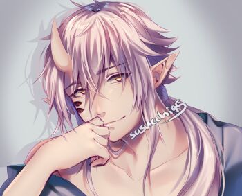  1boy ahoge artist_name black_sclera closed_mouth collarbone colored_sclera commentary dark-skinned_male dark_skin double-parted_bangs drop_shadow english_commentary extra_eyes flipped_hair grey_background grey_hair grey_shirt hair_between_eyes half-closed_eyes hand_on_own_cheek hand_on_own_face hand_to_own_mouth hand_up highres horns looking_at_viewer male_focus mismatched_sclera original pointy_ears red_eyes sasucchi95 shirt short_hair_with_long_locks sidelocks simple_background single_bare_shoulder single_horn skin-covered_horns smile solo swept_bangs tsurime vignetting yellow_eyes 