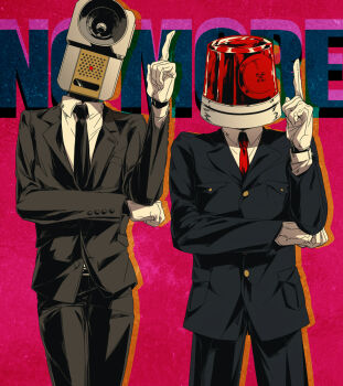 2boys black_jacket black_necktie camcorder camera collared_shirt commentary_request del_(logicallogos) elbow_on_arm english_text formal_clothes gloves index_finger_raised jacket male_focus movie_thief multiple_boys necktie no_more_eiga_dorobou object_head patlite police_siren red_background red_necktie searchlight shirt standing straight-on suit video_camera white_gloves white_shirt