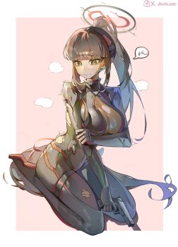  1girl absurdres black_bodysuit blue_archive bodysuit border breasts commentary embarrassed ever_artoria flying_sweatdrops full_body gun halo handgun highres holding holding_gun holding_weapon long_hair outside_border pink_background ponytail rio_(armed)_(blue_archive) rio_(blue_archive) seiza sidelocks sitting solo speech_bubble spoken_flying_sweatdrops torn_bodysuit torn_clothes twitter_username weapon white_border 