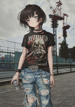 1girl :/ absurdres arms_at_sides asahi_breweries band_shirt beer_can belt_buckle black_collar black_hair black_shirt blue_pants blush bracelet buckle can chain chain_bracelet closed_mouth cloud cloudy_sky collar crane_(machine) day denim drink_can ear_piercing earrings feet_out_of_frame gishiki_(gshk) green_eyes hair_ornament hairclip heart heart_earrings highres holding holding_can jeans jewelry long_hair looking_at_viewer merchandise metallica original outdoors pants photo_background piercing railing shirt short_sleeves skull_print sky solo spiked_collar spikes standing t-shirt torn_clothes torn_pants torn_shirt tree rating:General score:18 user:danbooru