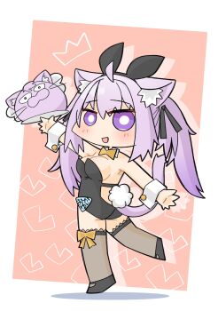  :d alternate_costume and_takashi animal_ear_fluff animal_ear_hairband animal_ears black_leotard black_shoes blush bow bowtie breasts bright_pupils cat_ears cat_tail chibi chibi_only commentary_request detached_collar fake_animal_ears full_body hair_ribbon hairband heart highres holding holding_tray hololive leg_up leotard long_hair name_tag nekomata_okayu okanyan_(nekomata_okayu) open_mouth playboy_bunny purple_eyes purple_hair purple_tail rabbit_ear_hairband rabbit_ears rabbit_tail ribbon shoes smile standing standing_on_one_leg strapless strapless_leotard tail thighhighs tray twintails virtual_youtuber white_pupils wrist_cuffs yellow_bow yellow_bowtie 