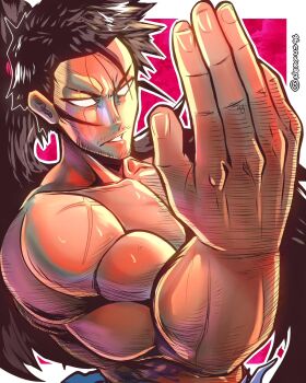 1boy 2024 artist_name bare_pectorals beard_stubble beckoning black_hair blue_pants border clenched_teeth cloud cloudy_sky commentary furrowed_brow hand_up highres long_hair looking_at_viewer male_focus muscular muscular_male mustache_stubble nexxus96 no_pupils original outline pants pectorals ponytail red_sky scar scar_on_arm serious sky solo spanish_commentary spiked_hair stubble teeth topless_male upper_body white_border