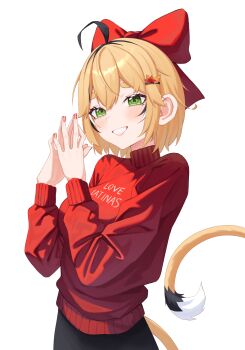  1girl absurdres ahoge black_hair blonde_hair breasts commentary dooby english_text green_eyes hair_ornament hair_ribbon highres indie_virtual_youtuber jerboa_tail multicolored_hair multiple_girls own_hands_together red_nails red_ribbon red_shirt ribbon shirt short_hair simple_background smile solo streaked_hair tail virtual_youtuber white_background white_hair yubbiidraw 