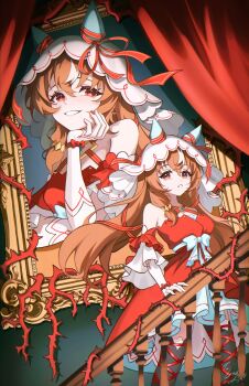  1girl animal_ears bare_shoulders black_thighhighs blush bow breasts brown_hair commentary curtains detached_sleeves dress ear_covers ear_ribbon english_commentary hair_between_eyes hair_ornament head_rest highres horse_ears horse_girl horse_tail long_hair looking_at_viewer open_mouth picture_frame plant red_dress red_eyes red_nails ribbon small_breasts smile still_in_love_(scarlet_vow_raiment)_(umamusume) still_in_love_(umamusume) tail tailong_yo thighhighs umamusume veil vines white_streaks white_veil 