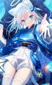  1girl animal_ear_fluff animal_ears blue_bow blue_eyes bow character_request closed_mouth commentary copyright_request grey_hair hair_bow halo pleated_skirt polka_dot polka_dot_bow skirt solo star_(symbol) star_in_eye star_print symbol-only_commentary symbol_in_eye tail thighhighs white_bow white_skirt yano_mitsuki_(nanairo) 