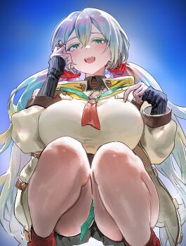  1girl :d absurdres blue_background breasts commentary_request cupitan_(granblue_fantasy) gradient_hair granblue_fantasy green_eyes hair_between_eyes highres huge_breasts long_hair looking_at_viewer low_twintails multicolored_hair okoge_(koge_chan) open_mouth rainbow_hair smile solo squatting thighs twintails very_long_hair 