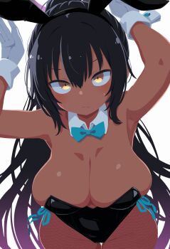  1girl absurdres absurdres_(user_unwe3823) animal_ears arms_up black_hair black_leotard blue_archive blue_bow blue_bowtie blush bow bowtie breasts cleavage closed_mouth commentary commentary_request dark-skinned_female dark_skin detached_collar english_commentary fake_animal_ears fishnet_pantyhose fishnets gloves highres karin_(blue_archive) karin_(bunny)_(blue_archive) large_breasts leotard mixed-language_commentary pantyhose playboy_bunny rabbit_ears simple_background solo sweatdrop white_background white_gloves wrist_cuffs yellow_eyes 