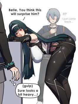  1boy 2girls absurdres astra_yao belle_(zenless_zone_zero) bent_over black_hair breasts commentary cosplay dorahdew english_commentary evelyn_chevalier evelyn_chevalier_(cosplay) faceless faceless_male grey_hair hairband highres large_breasts light_blush long_hair multiple_girls red_eyes speech_bubble thought_bubble very_long_hair white_hairband wise_(zenless_zone_zero) zenless_zone_zero 