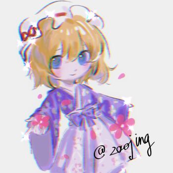  1girl blonde_hair blue_eyes blush bow chinese_commentary closed_mouth clothing_request commentary deformed dress dress_under_skirt hair_between_eyes hat hat_ribbon japanese_clothes jsnttzzj long_sleeves maribel_hearn medium_hair mob_cap obi petals purple_bow purple_dress red_ribbon ribbon ribbon-trimmed_headwear ribbon_trim sash simple_background skirt smile solo touhou twitter_username white_background white_hat white_skirt white_sleeves 