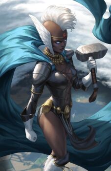  1girl alternate_form armor black_dress blue_cape blue_eyes breasts cape circlet cleavage cloud comic_cover commentary cover cover_page dark-skinned_female dark_skin dress ejikure english_commentary floating_cape floating_clothes flying fur_leg_warmers gem gloves glowing glowing_eyes gold_circlet hammer highres holding holding_hammer holding_weapon jewelry large_breasts leg_warmers marvel mjolnir_(marvel) mohawk navel necklace no_pupils official_alternate_costume official_art pauldrons pelvic_curtain plunging_neckline red_gem short_hair shoulder_armor solo storm_(x-men) textless_version thor_(marvel)_(series) weapon white_gloves white_hair winged_headwear x-men 