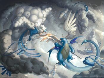 altaria alternate_color beak clash claws cloud dragonite feathers fighting flying gen_1_pokemon gen_3_pokemon head_wings highres holding holding_polearm holding_sword holding_weapon horns lightning mega_altaria mega_dragonite mega_pokemon midair nintendo open_mouth patsu_x pokemon pokemon_(creature) polearm shiny_pokemon single_horn spear sword tail talons very_long_tail weapon white_feathers wings