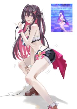  1girl absurdres azki_(hololive) bikini bikini_bottom_under_shorts bikini_under_clothes black_hair blue_shorts boots braid breasts cleavage colored_inner_hair commentary_request dhbwinner double-parted_bangs front-tie_bikini_top front-tie_top grey_background hair_intakes hair_ornament hairclip half_up_half_down_braid hand_up highleg highleg_bikini highres holding holding_microphone hololive hololive_summer_2023_swimsuit layered_bikini long_hair looking_at_viewer medium_breasts microphone multicolored_hair navel official_alternate_costume open-toe_boots pink_hair pink_streaks purple_eyes screenshot_inset shorts sidelocks simple_background solo striped_bikini striped_clothes swimsuit very_long_hair virtual_youtuber white_bikini white_streaks 