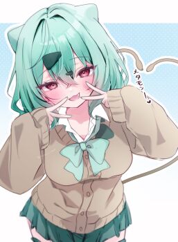  1girl :3 absurdres animal_ears blush bob_cut bow bowtie breasts brown_cardigan bulbasaur cardigan collared_shirt commentary_request cowboy_shot crossed_bangs double_v fang from_above gen_1_pokemon green_bow green_hair green_nails green_skirt gyaru gyaru_bulbasaur_(shin_no_tenpii) hair_between_eyes hair_intakes hands_up heart heart_tail highres looking_at_viewer medium_breasts miniskirt multiple_tails nail_polish nintendo open_mouth osouji_mop personification pleated_skirt pokemon pokemon_pokopia polka_dot polka_dot_background red_eyes shirt short_hair simple_background skirt sleeves_past_wrists solo tail thighhighs tongue two_tails v white_shirt zettai_ryouiki 